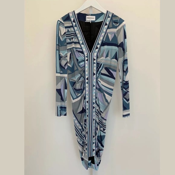 EMILIO PUCCI BLUE MULTI PRINT LONG SLEEVE DRESS SIZE IT 42 / US 8 NWOTS! - Picture 1 of 12